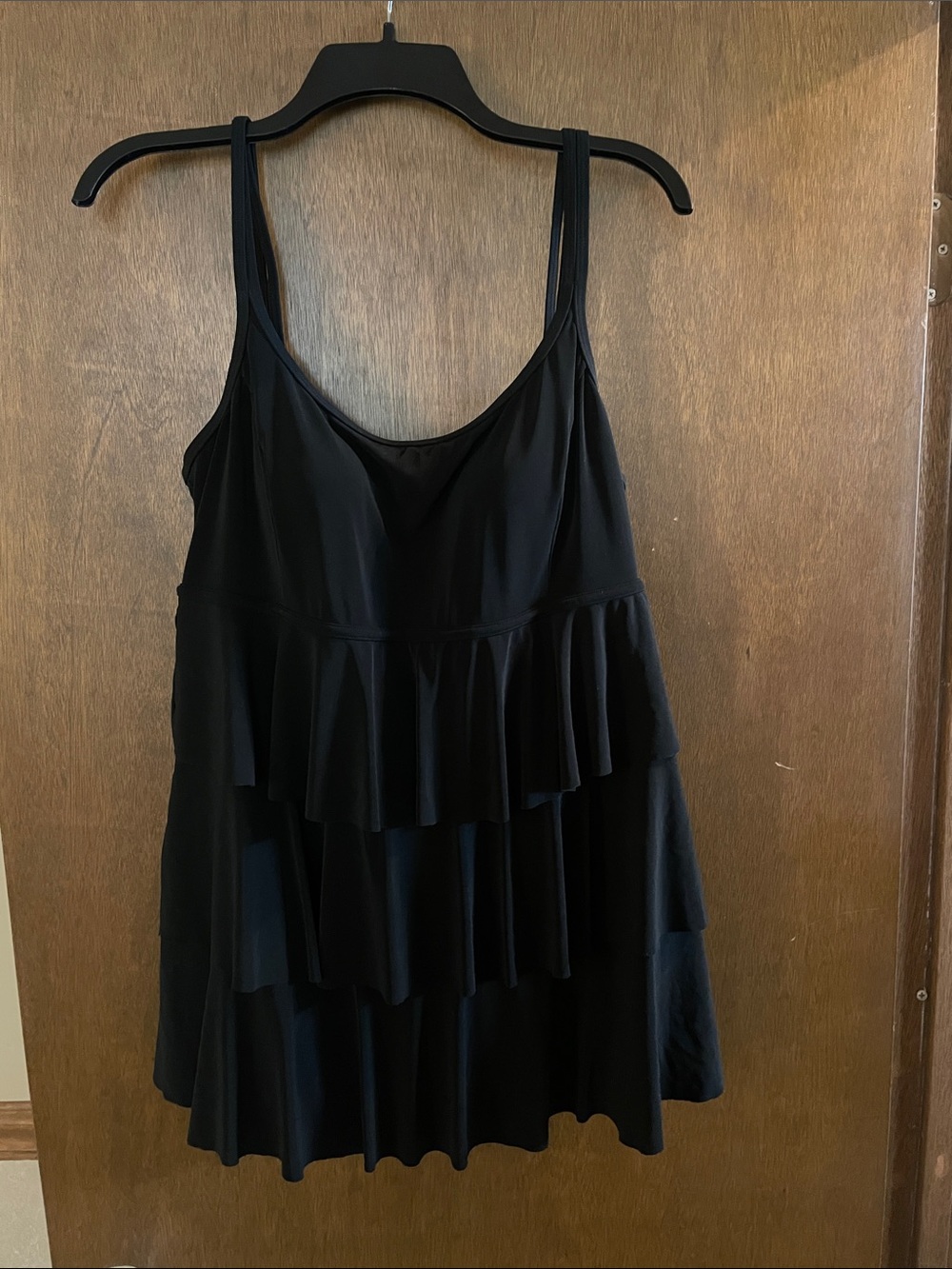 Ruffled Black One-Piece Swimdress with Scoop Neck